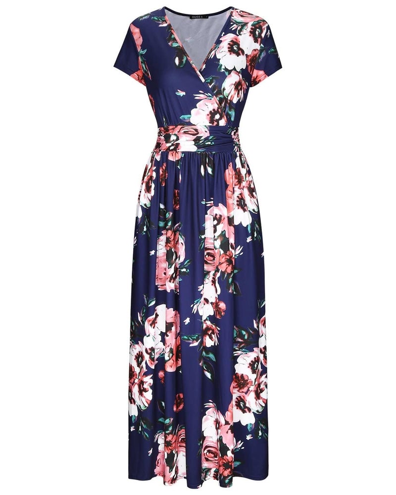 OUGES Women's V-Neck Pattern Pocket Maxi Long Dress(Floral-7,L) Red Flowers - Image 3